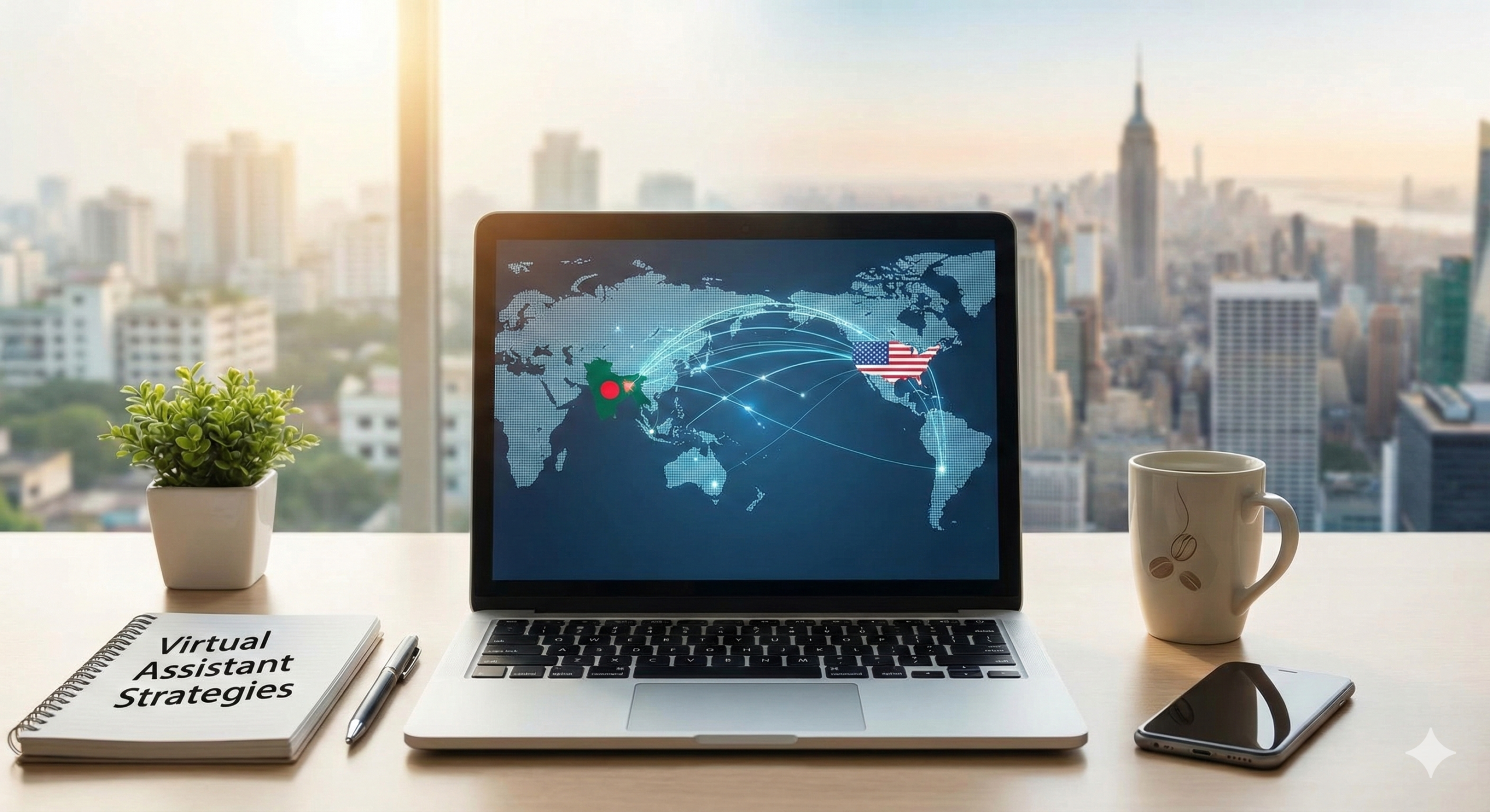 Laptop on a desk displaying a global map with network lines connecting the USA and Bangladesh, symbolizing remote virtual assistant services.